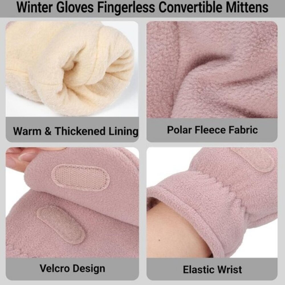 ⚡Women Pink Winter Fingerless Convertible Thermal Polar Fleece Mittens Gloves - Picture 2 of 6